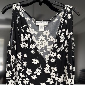Sleeveless V-Neck Black & White Floral Midi Dress with Waist Tie